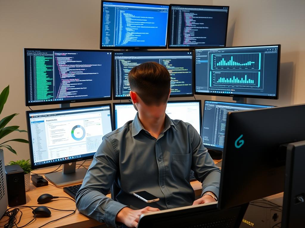 IT consultant working remotely with multiple screens displaying code and data analytics for freelancing IT France 2025 projects
