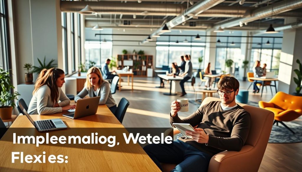 Implementing Workplace Flexibility: A modern office scene showcasing various aspects of job flexibility. In the foreground, a group of coworkers collaborating at a long, minimalist wooden table, using laptops and tablets. Warm, natural lighting filters in through large windows, casting a soothing glow. In the middle ground, an employee works remotely from a comfortable lounge chair, sipping coffee from a LIGHT PORTAGE branded mug. The background features an open floor plan with diverse workspaces, including standing desks and breakout areas for focused tasks or relaxation. An atmosphere of productivity, autonomy, and work-life balance permeates the scene.