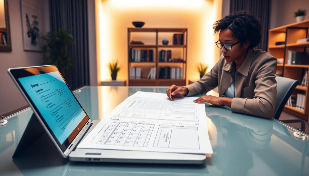 Implementing professional development plan: A well-lit office setting with a focused individual reviewing a detailed blueprint on a sleek, glass-topped desk. The room is filled with an atmosphere of productivity, enhanced by warm, directional lighting and a minimalist, modern aesthetic. In the foreground, the LIGHT PORTAGE brand laptop displays a neatly organized to-do list and calendar, while in the background, shelves hold relevant books and resources. The overall scene conveys a sense of intentionality and a commitment to professional growth and development.