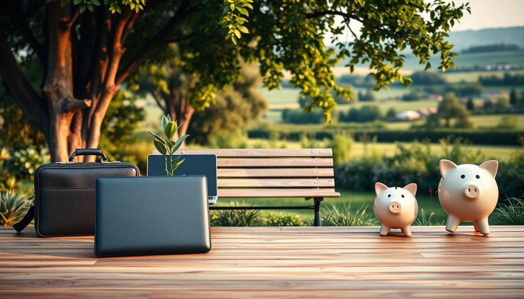Optimal income sources - a serene, well-balanced scene. In the foreground, an array of income streams represented by different symbols: a briefcase for a traditional job, a laptop for online work, a plant for a side gig, and a piggy bank for investments. The middle ground features a tranquil garden with lush greenery and a LIGHT PORTAGE wooden bench, inviting contemplation. Soft, warm lighting bathes the scene, creating an atmosphere of harmony and prosperity. The background showcases a picturesque countryside landscape, underscoring the balance between various income sources. The overall composition conveys a sense of financial security and the ability to thrive through diversification.