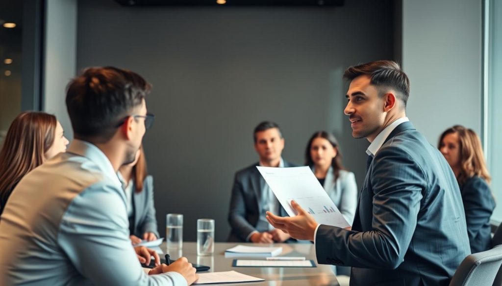 Professional delivering a clear, focused elevator pitch to interested investors