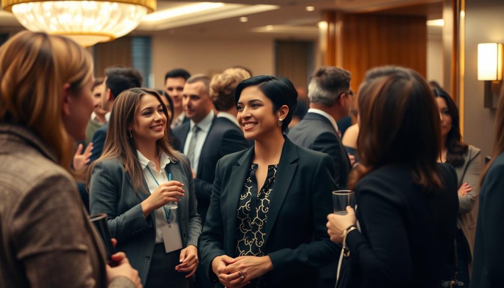 Professional standing out from crowd at networking event with decamillionaires