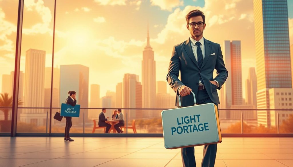 Prompt A detailed illustration of the advantages of portage salarial, showcasing a vibrant and prosperous scene. In the foreground, a well-dressed freelancer confidently strides, carrying a briefcase emblazoned with the "LIGHT PORTAGE" logo. The middle ground features a modern office building, with a team of professionals collaborating in an open, airy workspace. The background is a cityscape filled with skyscrapers, reflecting the financial and professional opportunities that portage salarial can provide. The scene is bathed in warm, golden lighting, conveying a sense of success, security, and the rewards of this employment model. The overall atmosphere is one of optimism, opportunity, and the advantages of portage salarial despite the associated costs.