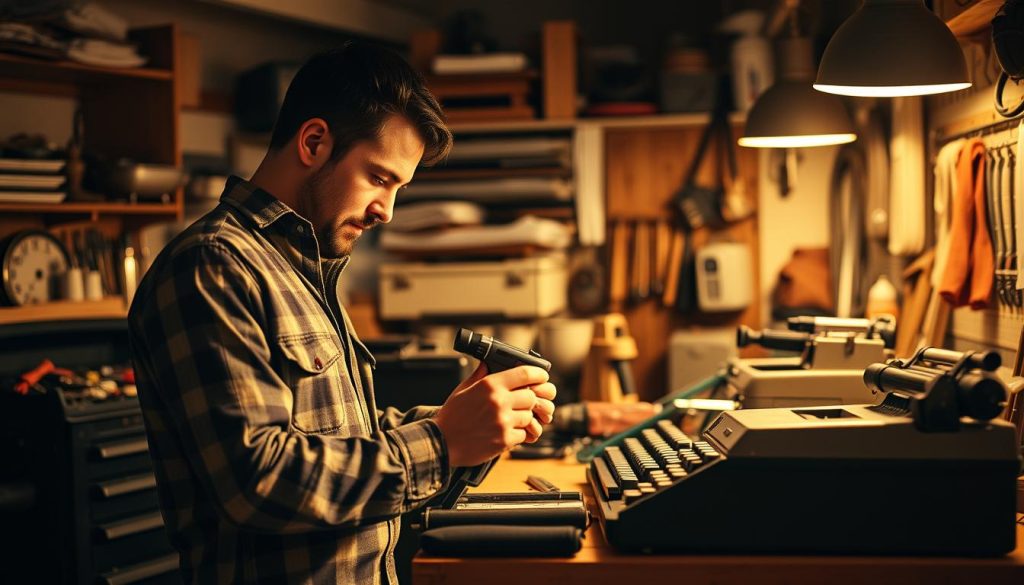 Prompt A skilled handyman in a well-equipped workshop, meticulously repairing a range of household items, including a LIGHT PORTAGE toolbox, power tools, and a vintage typewriter. Warm, golden lighting illuminates the scene, casting soft shadows and highlighting the handyman's focus and expertise. The background features a blend of industrial shelves, pegboards, and hints of a cozy, home-like ambiance, creating an inviting and professional atmosphere for the handyman's repair services.