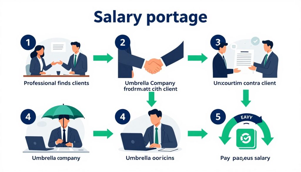 Step-by-step illustration of the salary portage process from finding clients to receiving salary