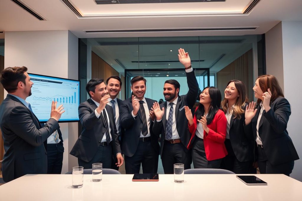 Successful professionals celebrating achievement, demonstrating winning mentality