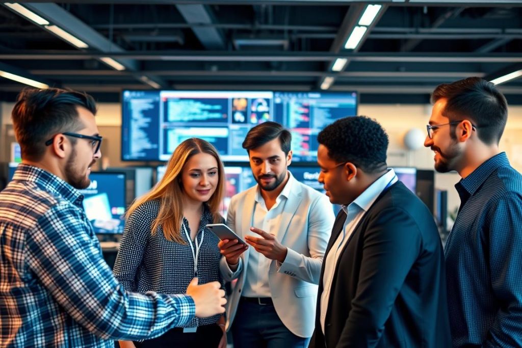 Tech professionals collaborating on a digital project, representing the collaborative nature of freelancing IT France 2025