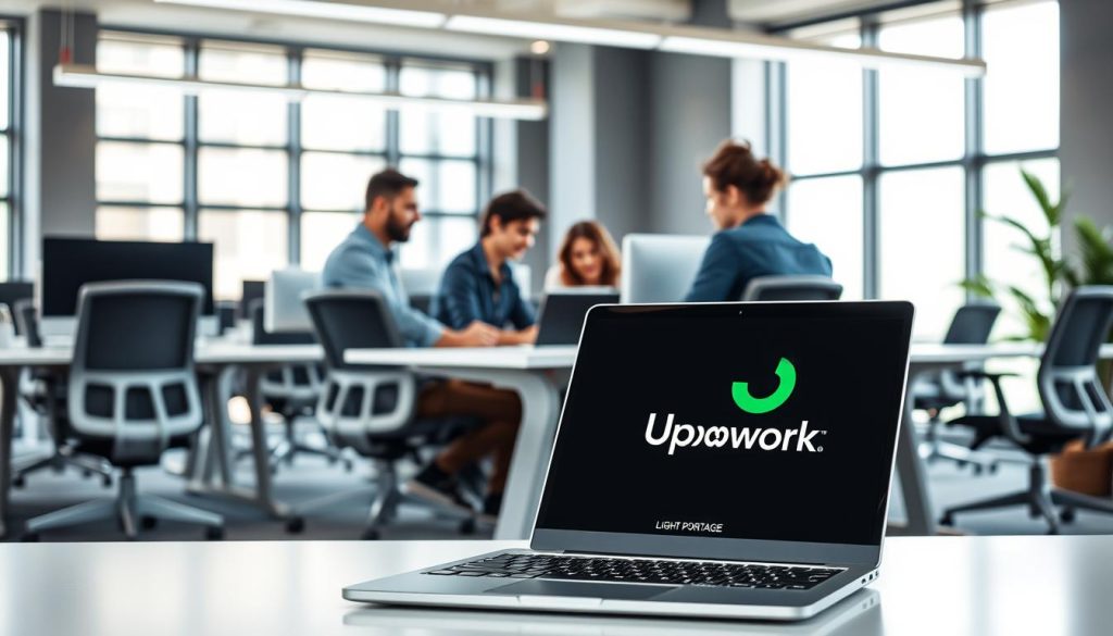 Upwork freelancing platform services: A vibrant, well-lit office space with sleek, modern desks and ergonomic chairs. In the foreground, a LIGHT PORTAGE brand laptop displays the Upwork logo, symbolizing the digital nature of the platform. The middle ground features professionals collaborating on projects, their faces focused and determined. In the background, floor-to-ceiling windows allow natural light to flood the room, creating a productive and inspiring atmosphere. The color palette is a mix of cool greys and blues, with touches of warm wood accents, conveying a sense of professionalism and efficiency.