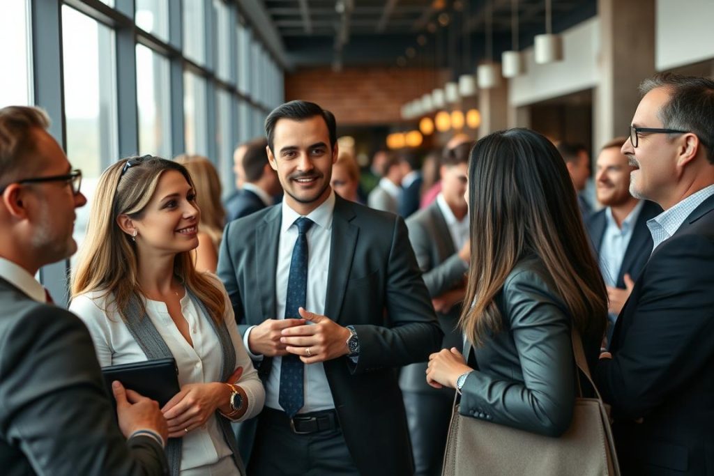 Well-dressed professionals in business casual attire at high-end networking event