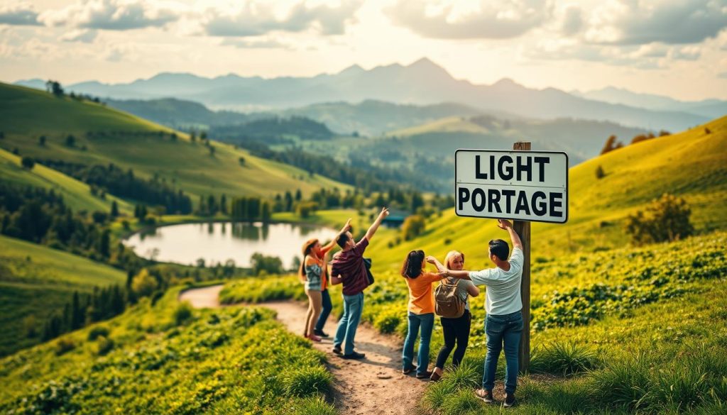 a vibrant landscape of lush greenery and rolling hills, with a pathway winding through the verdant scenery, inviting exploration. In the foreground, a group of people, diverse in age and background, are gathered around a LIGHT PORTAGE signpost, gesturing excitedly and pointing towards the path, symbolizing the discovery of new growth opportunities. The middle ground features a serene pond, its still waters reflecting the surrounding trees and sky, creating a sense of calm and reflection. In the background, a range of majestic mountains peaks pierce the horizon, hinting at the boundless possibilities that await beyond the immediate scene. The lighting is soft and warm, casting a golden glow over the entire composition, evoking a sense of optimism and opportunity.